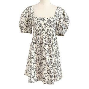 URBAN OUTFITTERS BLACK WHITE FLORAL PUFFY SLEEVE A-LINE BABYDOLL MINI DRESS - S